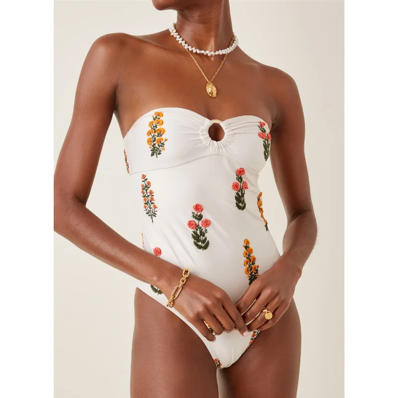 One Piece Swimsuit For Women Europe America One-piece Swimsuit Tube Top Flower Decoration Hot Spring Vac