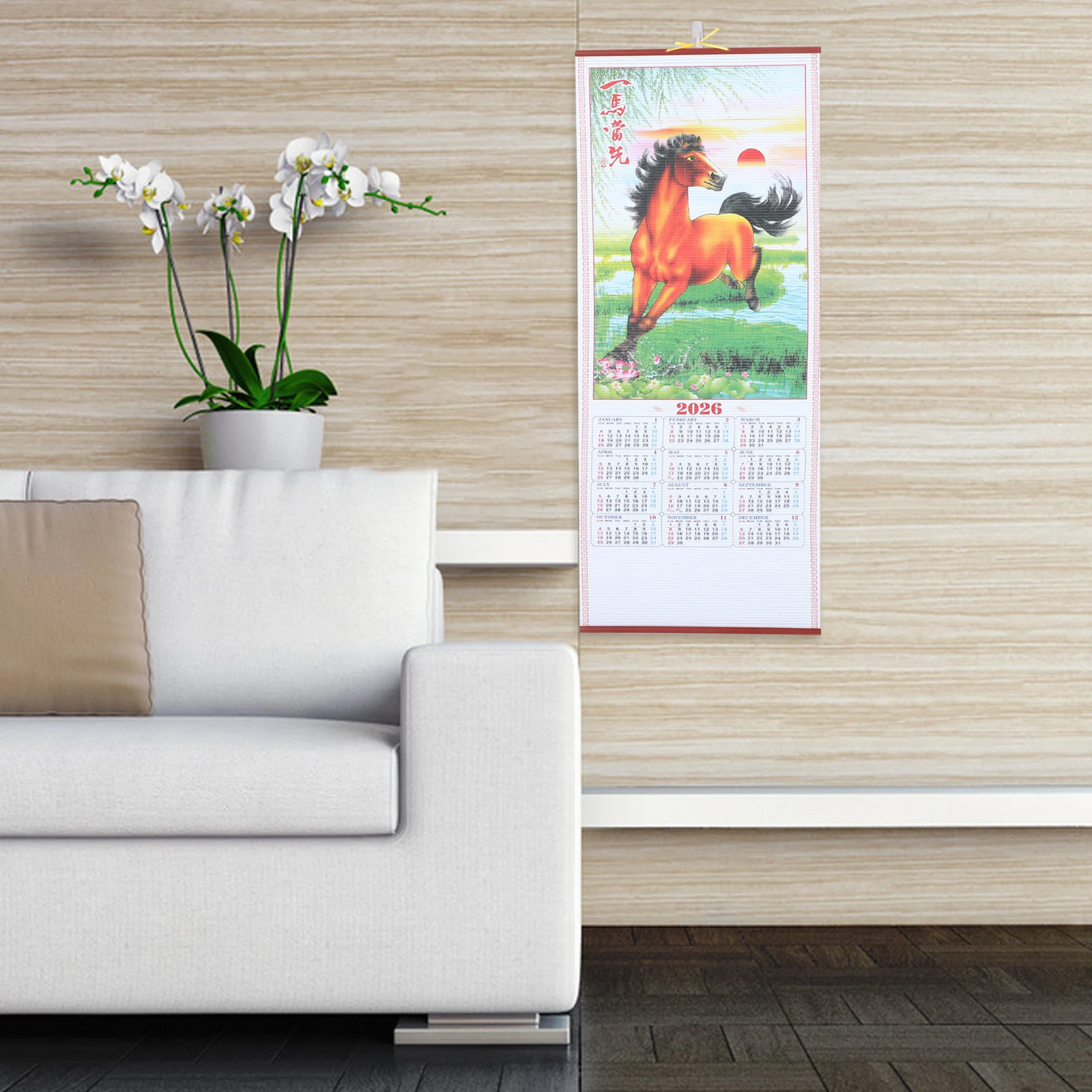

Horse Year 2026 Wall Scroll Calendar Traditional Chinese New Year Hanging Decor with Detailed Printing for Home Office Space