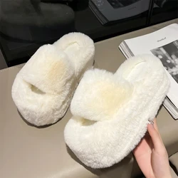 Chunky White Fur Slippers Women Autumn Winter Thick Bottom Fluffy Plush Warm Indoor Outdoor Home 7cm Wedge High Heel Woman Shoes