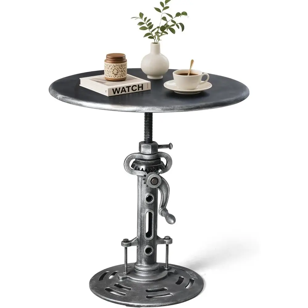 

Винтажный промышленный стол с регулируемой высотой 16.9"-22.8" для дома или кафе - круглый железный стол для бистро/обеденный/письменный стол с механическим подъемным механизмом