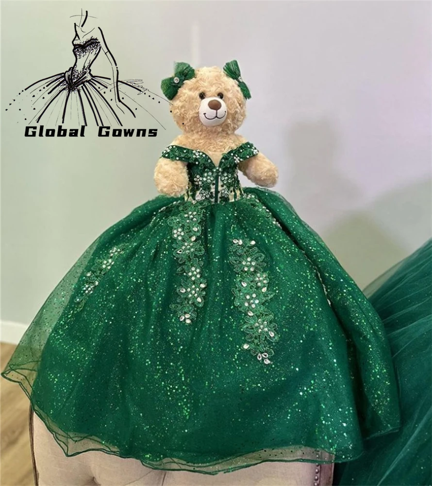 Special Link Green Off Shoulder Personalized Quinceanera Teddy Bear With Dresses Bead Appliques Mini Quinceanera Gown Customized