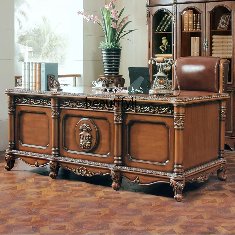 

ls 27American solid wood boss desk home European luxury fully furnished desk writing large class desk study furniture