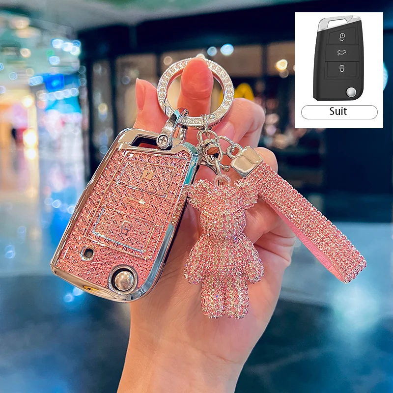 

Sakura Pink TPU Flip Folding for VW GOLF 7 MK7 SKODA SEAT Remote Car Key Case Cover Fob Holder Keychain Accessories