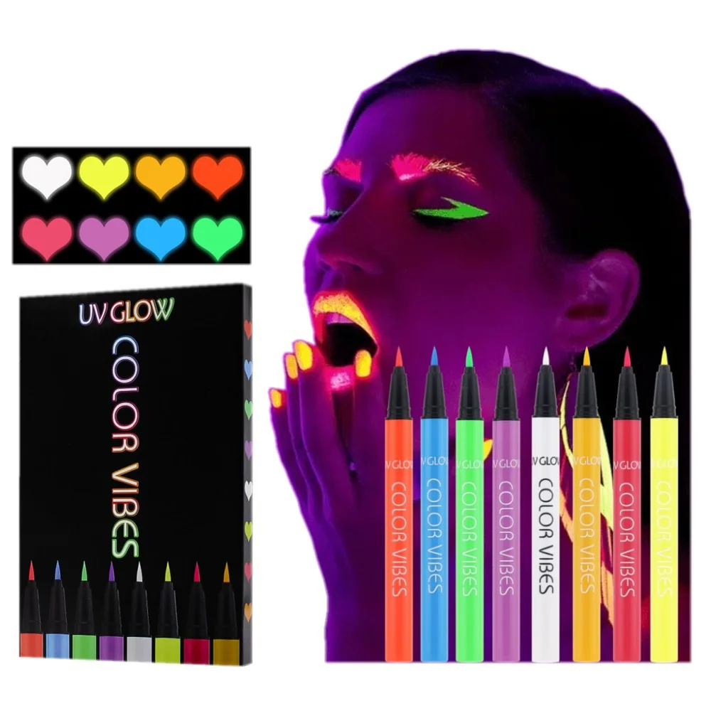 สีลูกกวาด 8 ชุดปากกาอายไลเนอร์เรืองแสงสีผิวด้านอายไลเนอร์สีเรืองแสงของเหลวกันน้ําเหงื่อแห้งเร็ว