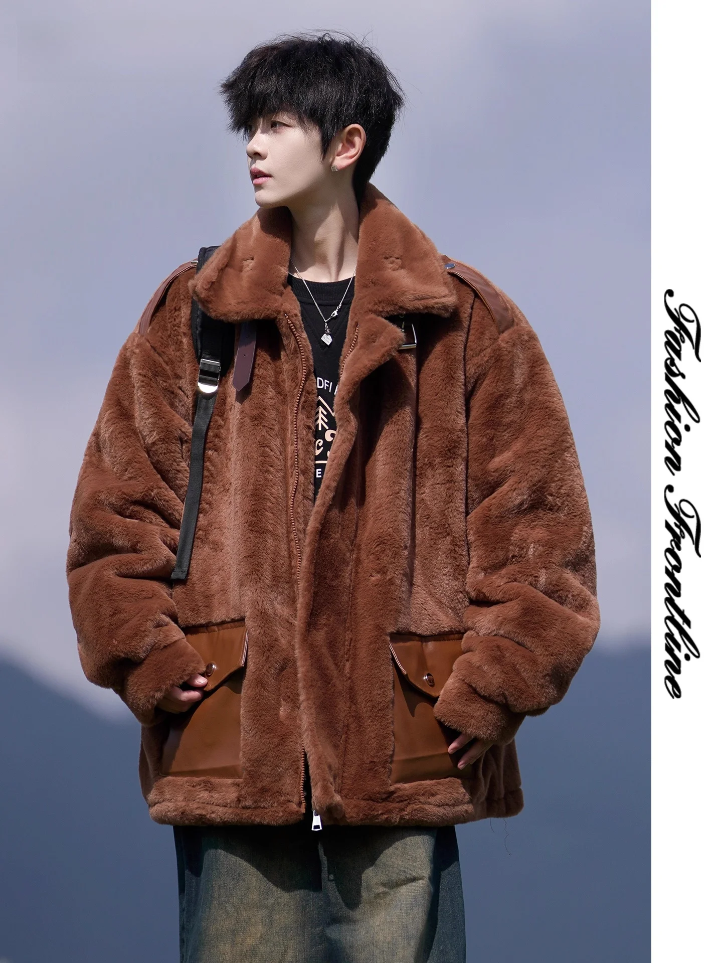 Genio Lamode masculino Thiened solto algodão Jaet cordeiro veludo pele de coelho simulação casaco de inverno quente juventude casual faion