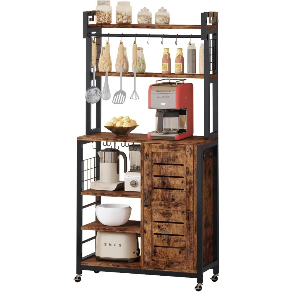 

Bakers Rack, Microwave Stand with Power Outlets, Kitchen Storage with Wheels and Feet, Coffee Station with Cabinets and10