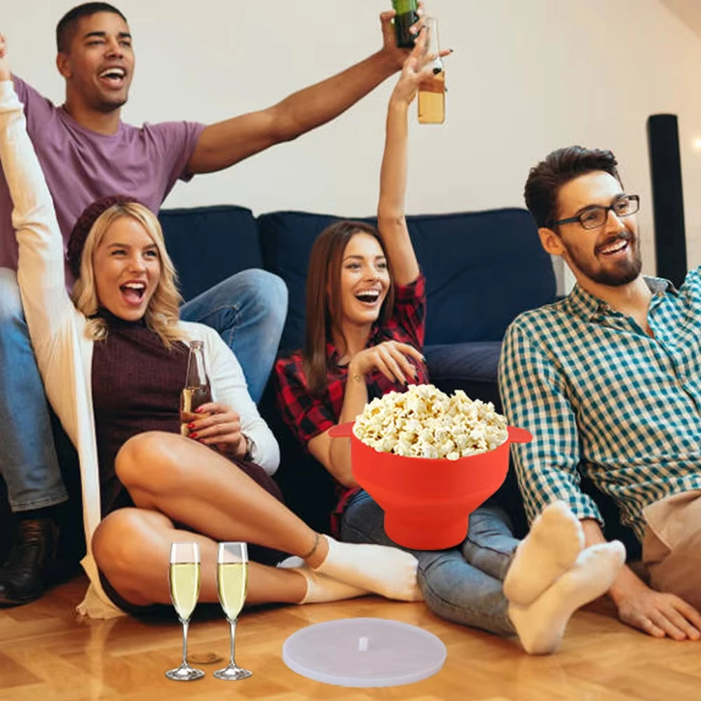 مع مقبض صانع الفشار القابل للطي مع غطاء وعاء الفشار في الميكروويف DIY قابل للطي سعة كبيرة من السيليكون