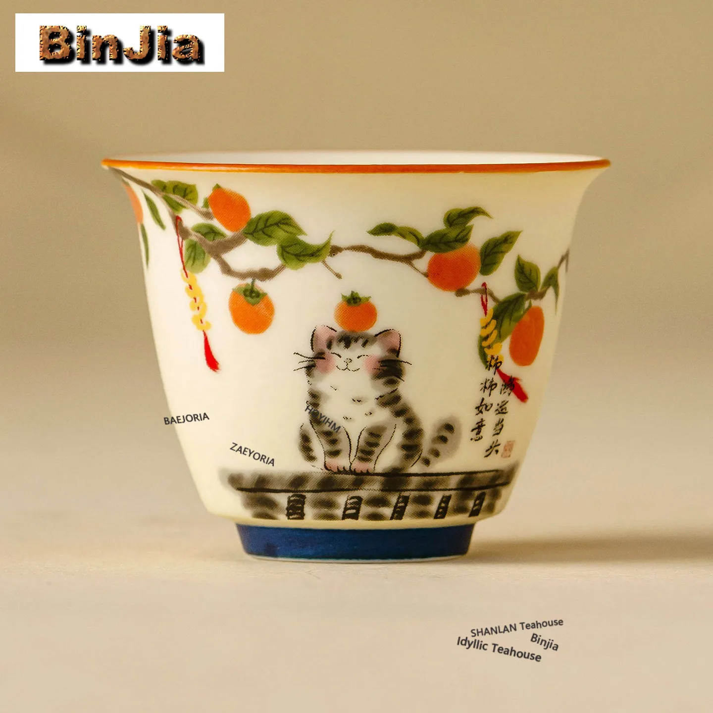 

40ml Decal Happy Persimmon Cat Teacup Luxury Tea Bowl Sample Tea Cup Tea-tasting Smelling Cup Chazhan Master Cups For Tea Craft