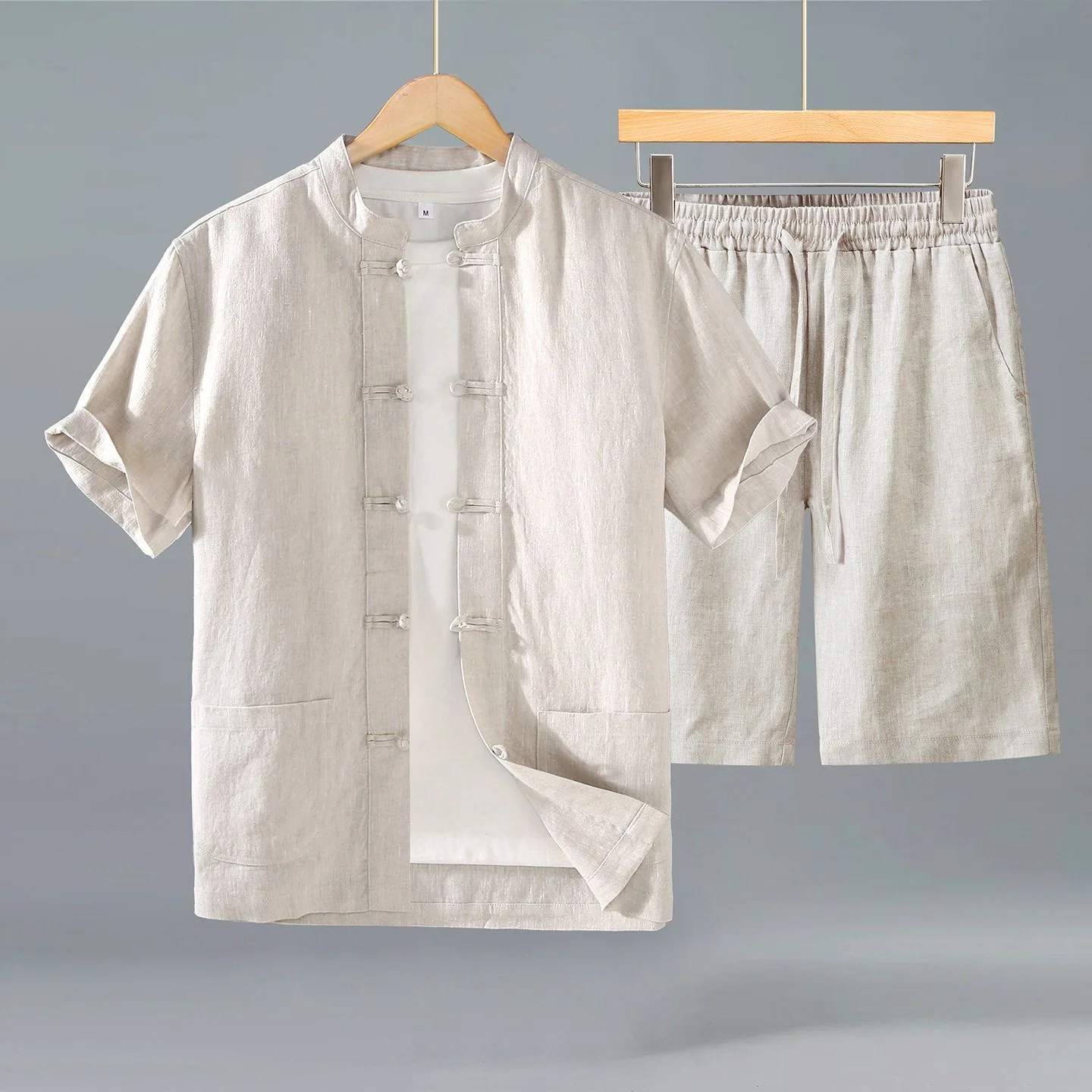 Summer Men's Pure Color Loose Linen Shirt Set with Button Design Casual Shorts National Style Long Sleeve Mid-Year Leisure