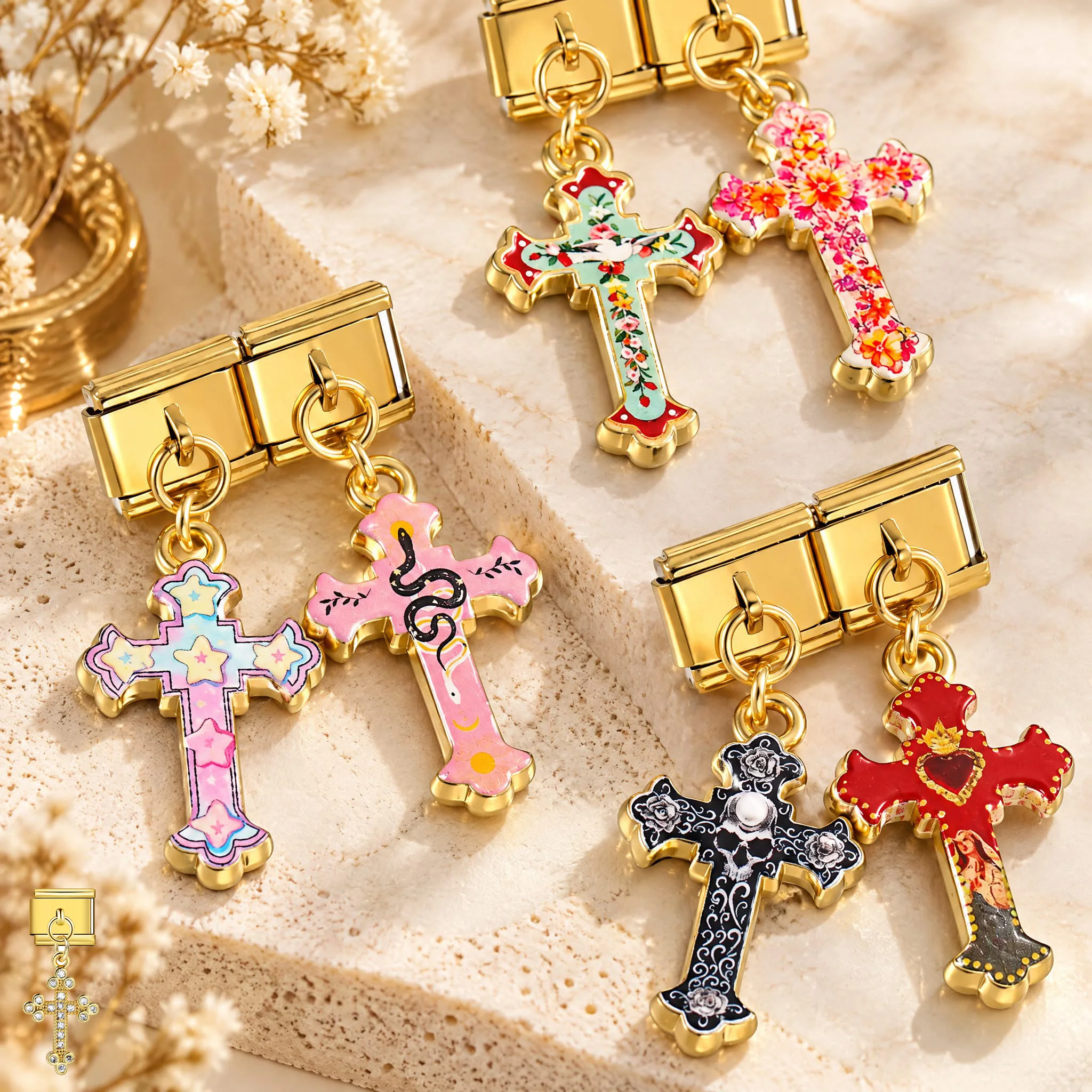 Gold Plated Gothic Cross Dangle Enamel Religious Pendant Italian Charm Link 9mm Making DIY Bracelet Bead Stainless Steel Jewelry