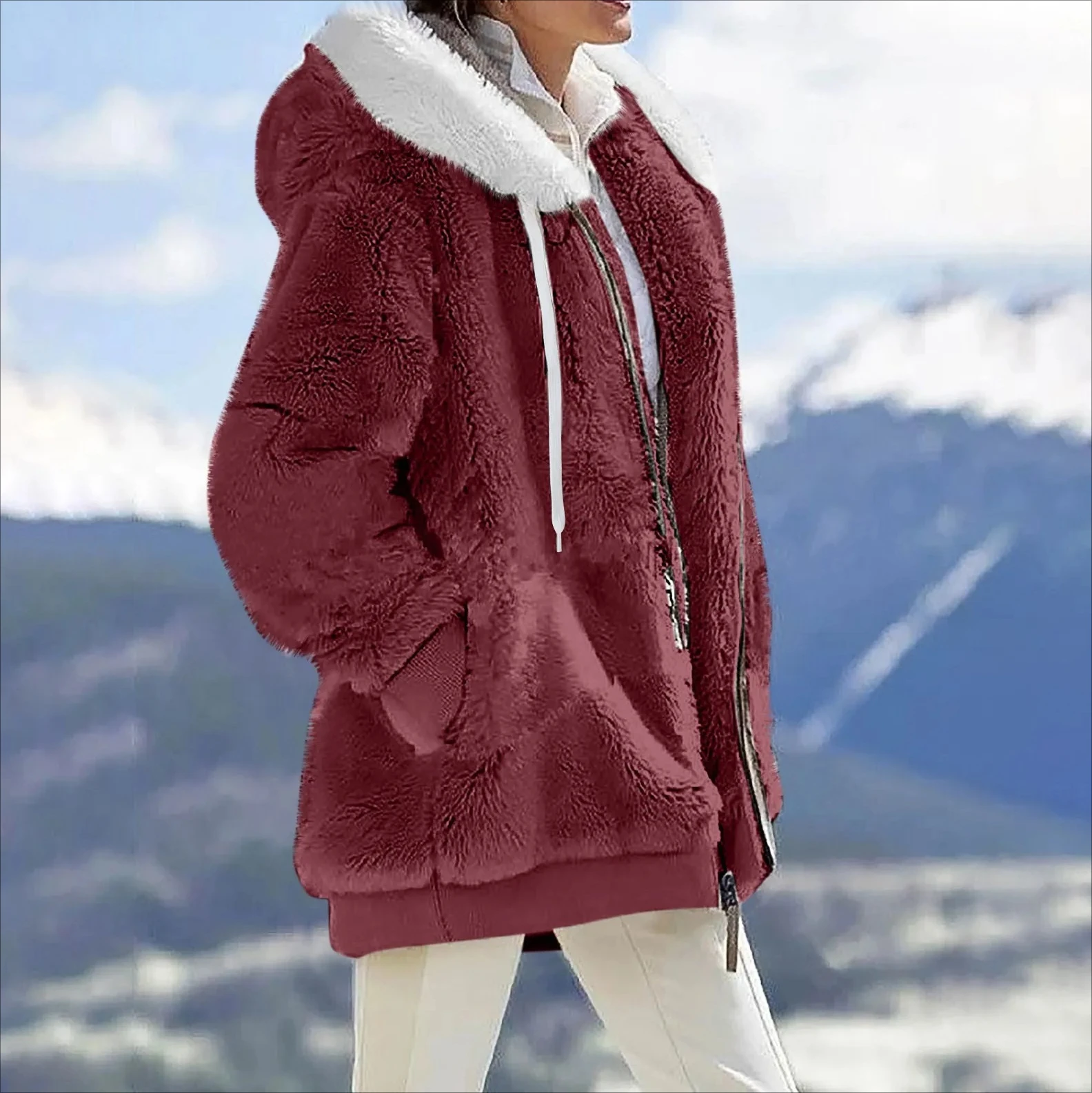 

Women‘s Winter Hooded Zip-Up Coat - New Style Casual Cashmere Fleece Jacket in Solid Color, Fashion Ladies Outerwear