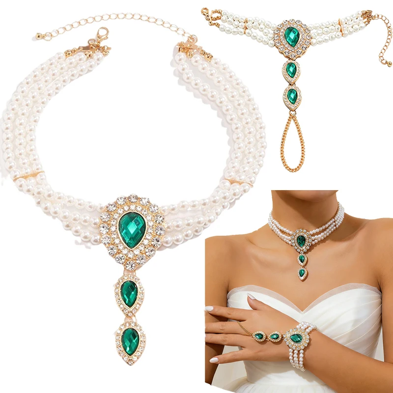Women Vintage Multi-layer Jewelry Set Green Water Drop Imitation Pearl Pendant Necklace Bracelet Wedding Party Jewellery