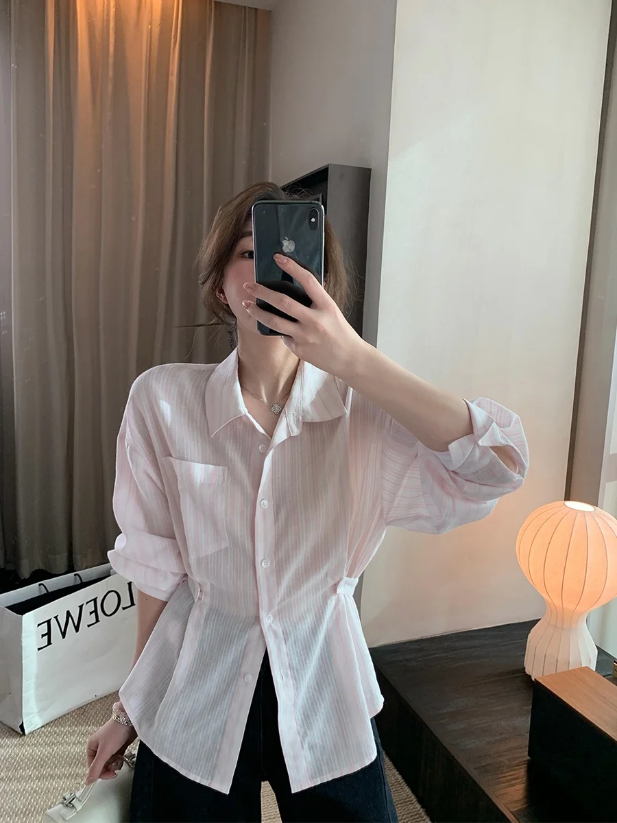 

MUKOK Women's Slim Fit Shirt Casual Striped Design Spring Fashion Elegant Waist-Cinching plus Size Versatile Long Sleeve Top