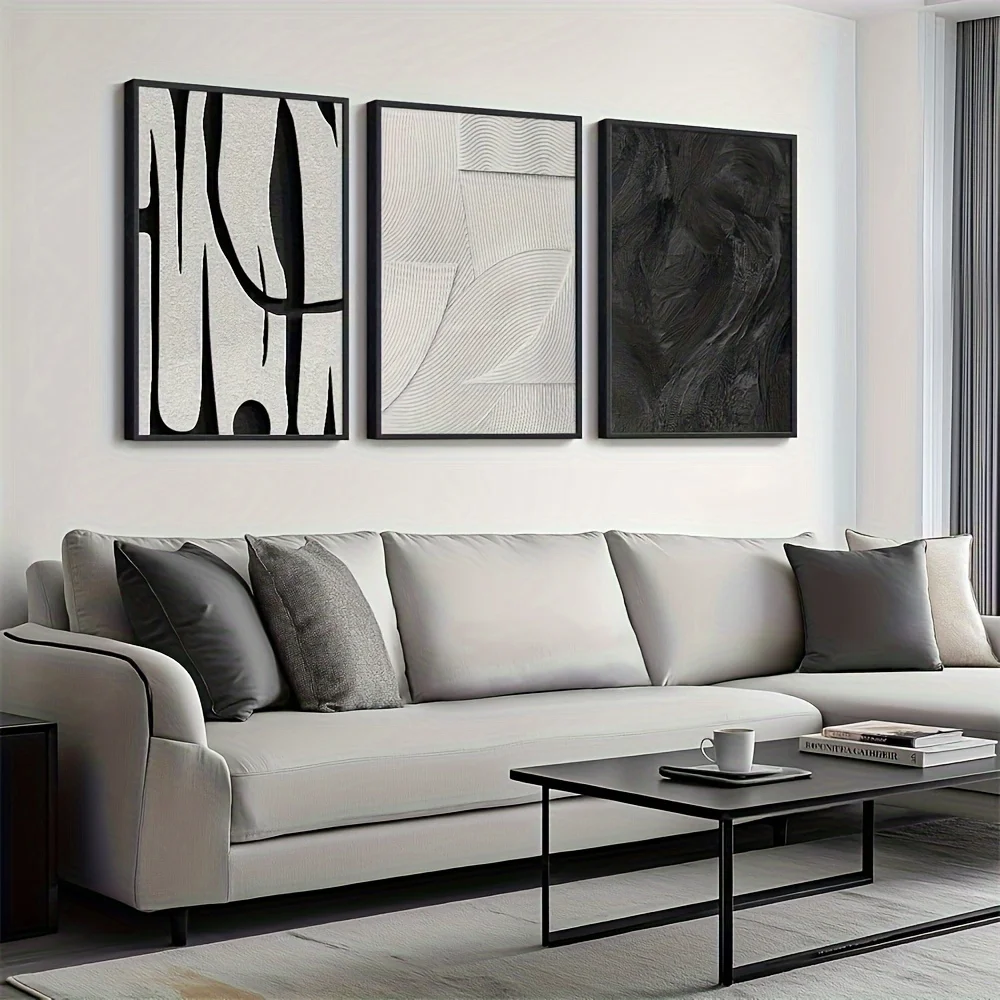 3-Piece Set, White Abstract Canvas Wall Art Set, Modern Minimalist Black - Frameless Texture Painting for Living Room, Bedroom,