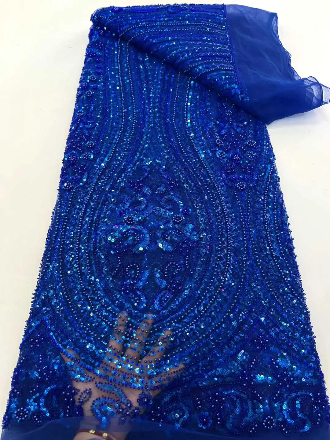 

Royalblue кружевная ткань с бисером, роскошная нигерийская кружевная ткань с блестками, 2025 г., высококачественная кружевная ткань с бисером для свадьбы