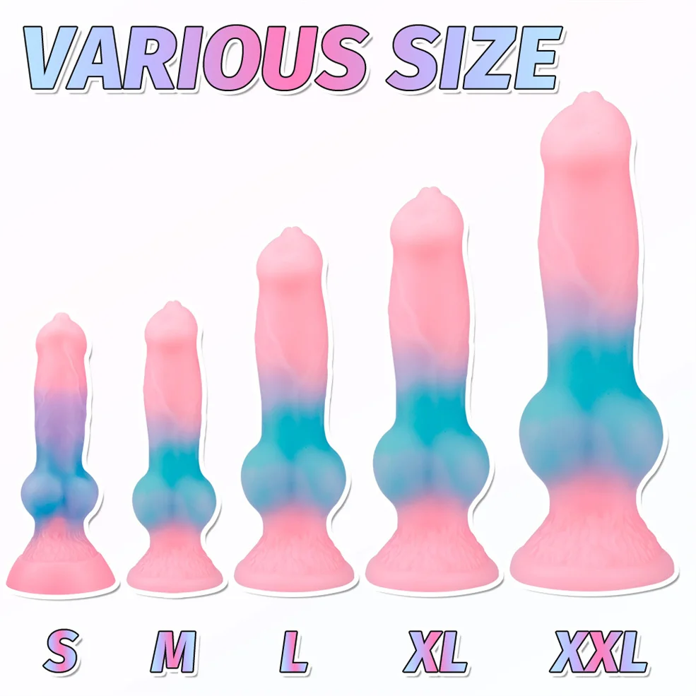 5 Size Luminous Dog Knot Dildos Xxl  Pink Big Dog Horse Dildo Anal Dragon Long Animal Dildo Silicone Soft Penis Dick Sex Toys