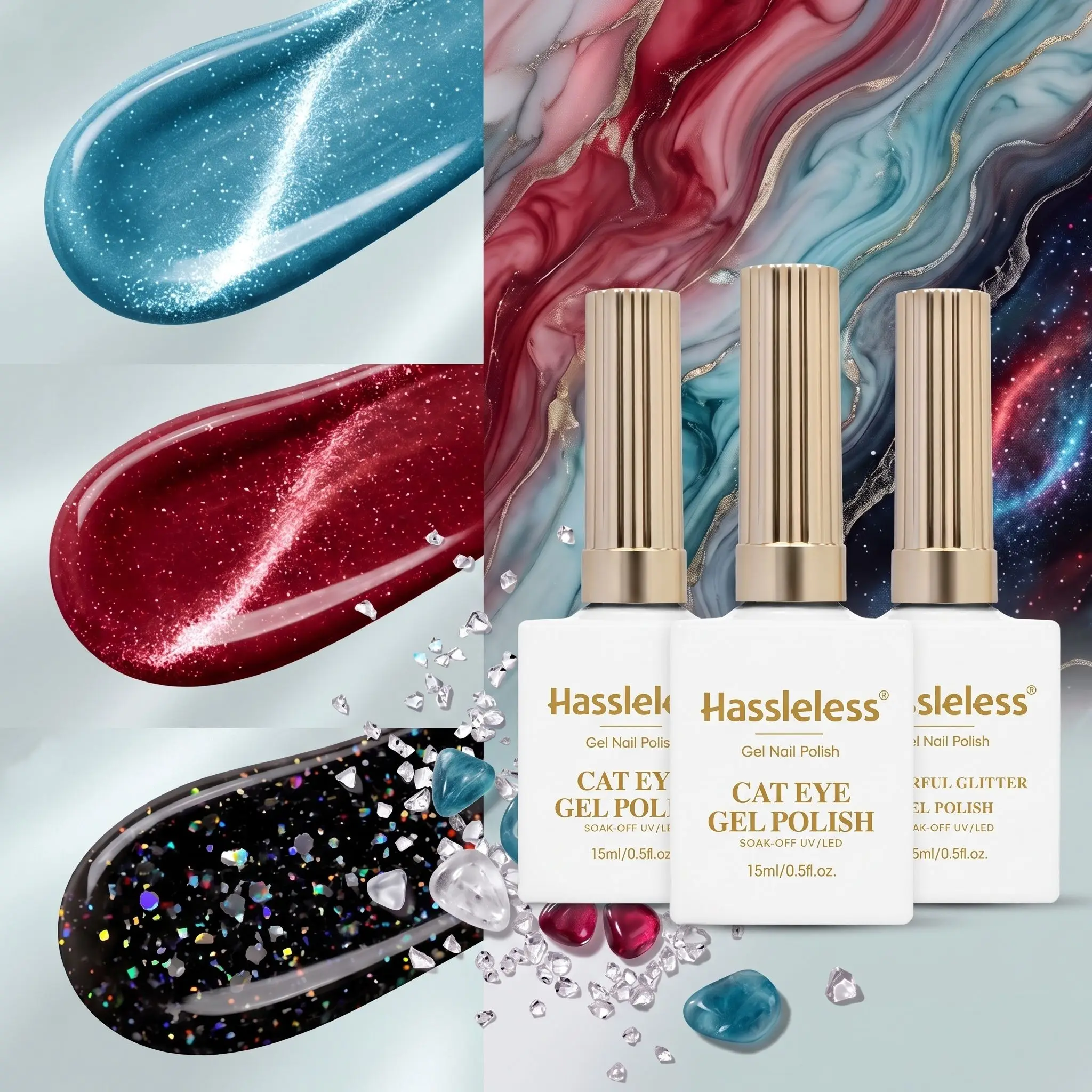 Hassleless 3Pcs Red, Blue, and Black Glitter Cat Eye Nail Polish Set, Featuring Burgundy Cat Eye, Lake Blue Cat Eye, and Large Iridescent Glitter on a Black Base, with a Transparent Cat Eye Effect and Fine Magnetic Shine, the Glitter Version Is Gorgeous and Eye-Catching, Perfect for DIY Color Swapping at Home, Creating a Personalized Retro Cool Look for Your Fingertips.