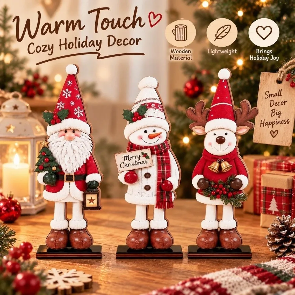 3Pcs Thickened Wooden Christmas Tabletop Ornaments Vintage Painted Santa Snowman Reindeer Figurines Set Stable Base 2D Flat