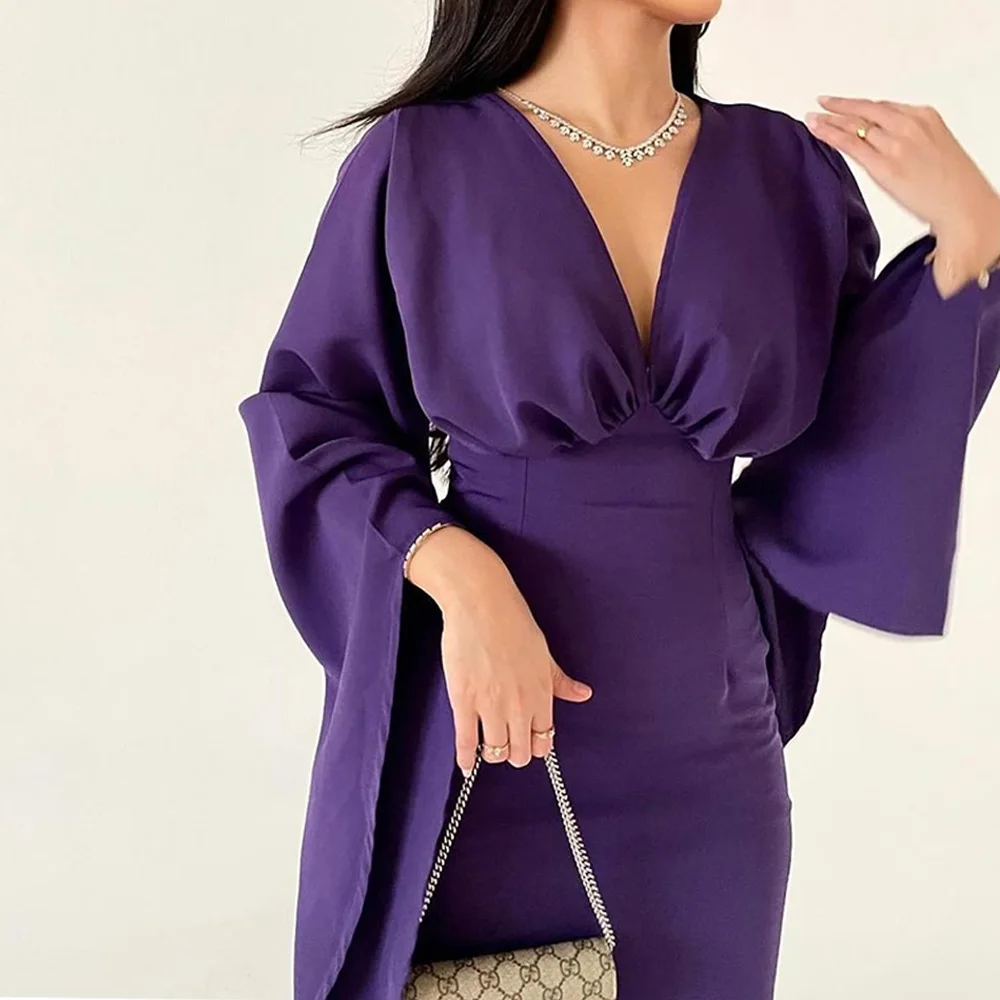 Moda plissados com decote em v alargamento mangas compridas vestidos de festa gracioso em linha reta chiffon roxo tamanho personalizado vestidos de baile arábia saudita 2024