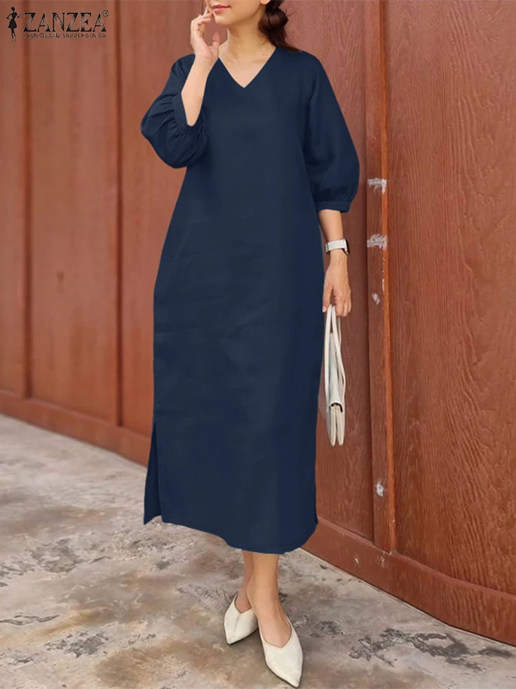 잔제아 캐주얼 코튼 린넨 미디 드레스 루즈핏 3/4 소매 V넥 데일리룩 여성용 사이드 슬릿 2025 여름 솔리드 베스티도스