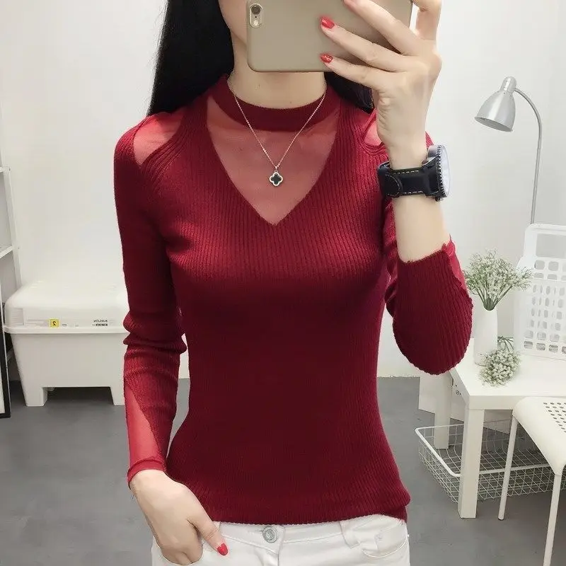 Women Spring New Fashion Sexy Pullover Crew Neck Knit Bottom Shirt Solid Color Gauze Spliced Sweater Versatile Long Sleeve Tops