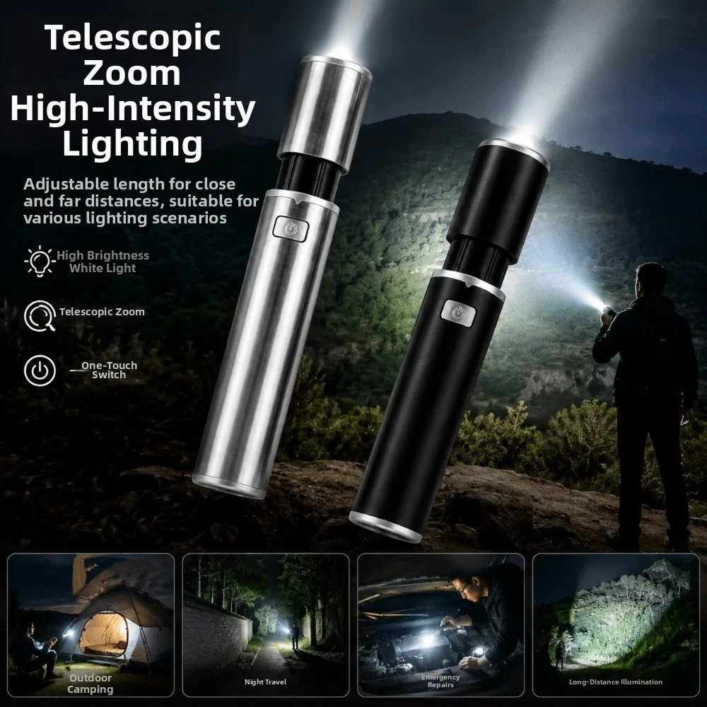 Super Bright Telescopic Zoom Flashlight Rechargeable Waterproof White Laser Flashlight Stainless Steel Multifunctional