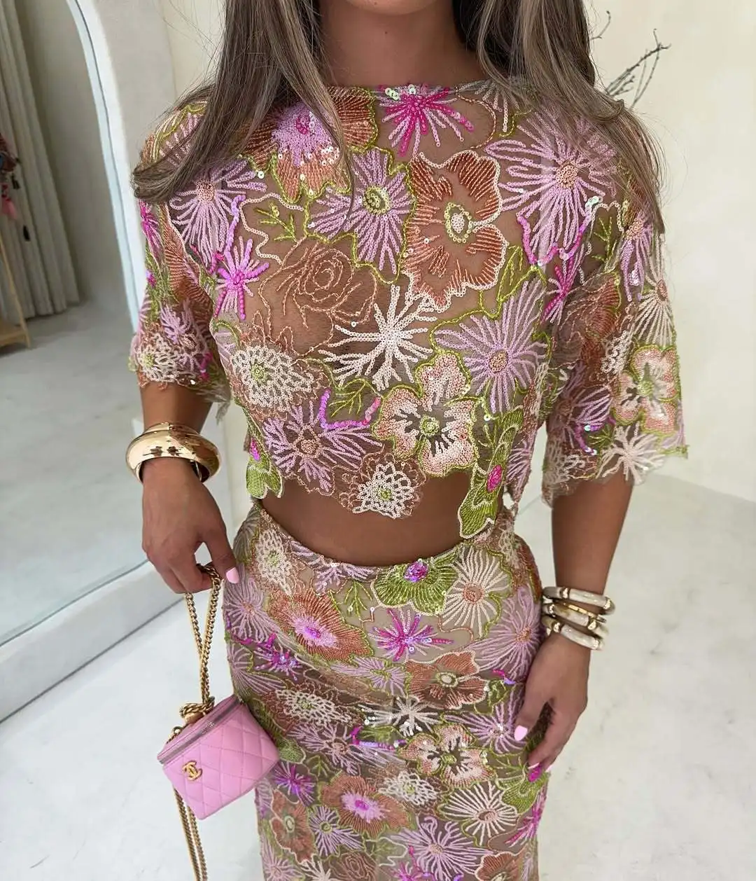 

Retro Embroidered Sequins Top Long Skirt Set Lady Sexy Irregular Short Tops Perspective Beads Skirts Sets Women 2026 Chic Street