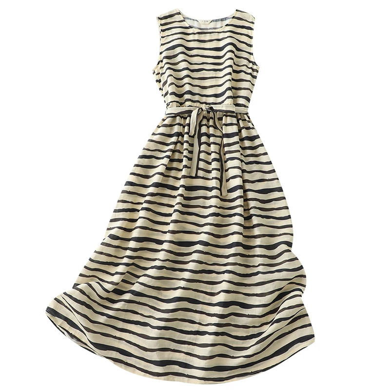 Vestido leve de aodão e linho, sem mangas, gola redonda, estampa, novo estilo, camada única, ade escura, tra, e...