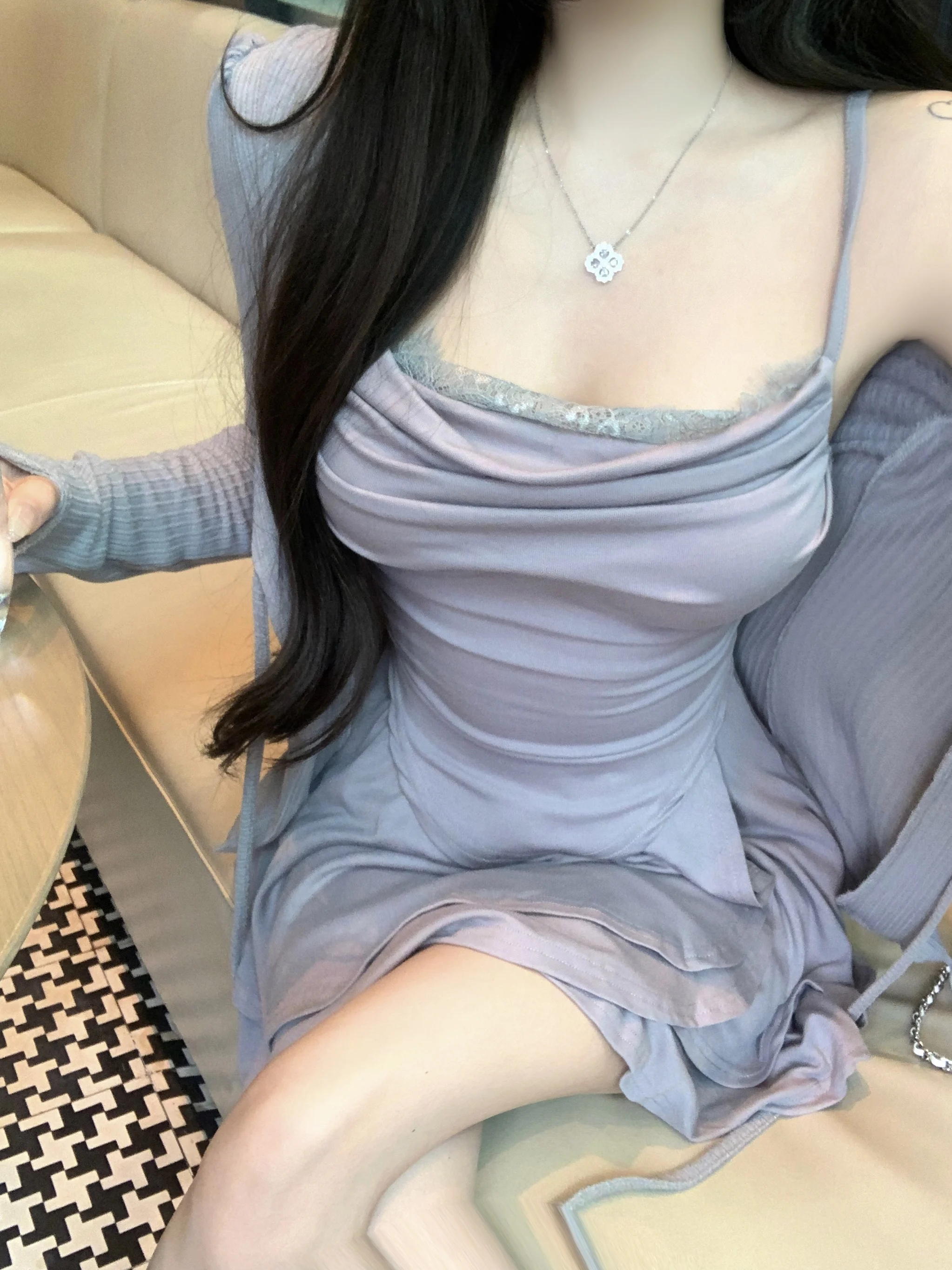 

Sweet And Spicy Girl Long Sleeve Open Cardigan Women's Inner Strap Spring High Waist Skirt Two Piece Set Commute Style