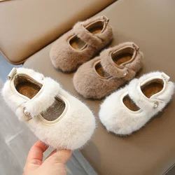 Luxury Manmade Mink Fur Ballet Flats for Baby Girls Winter Warm Loafers Kids Thick Plush Mary Jane Shoe With Rhinestone  Buckles