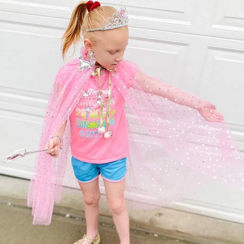 女の子のためのプリンセスドレスアップ服、プリンセスケープおもちゃ、クラウン、指輪、ネックレス、ブレスレット、杖、イヤークリップ付き、誕生日プレゼント