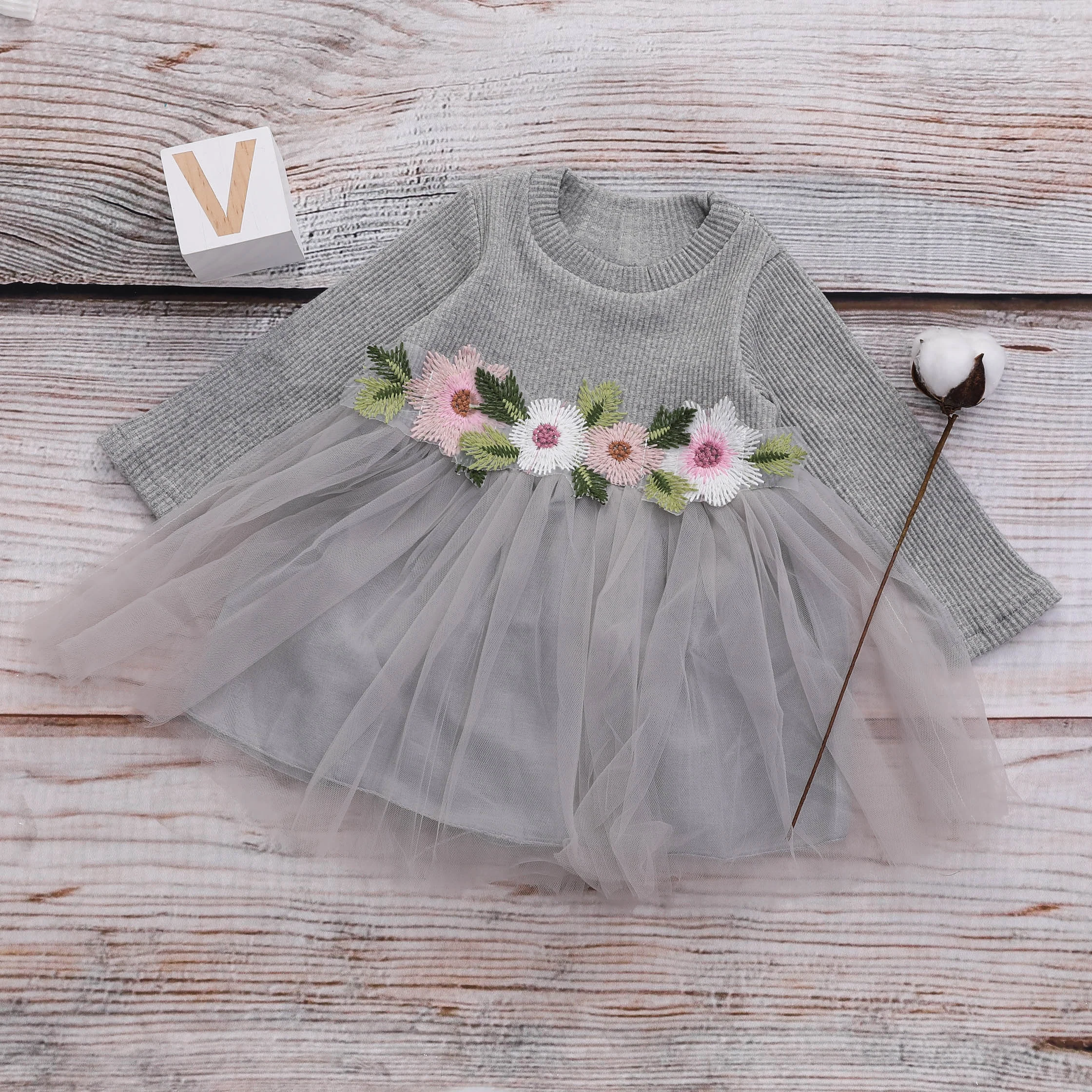 Infant Girl Embroidered Flower Dress Long Sleeve Splicing Gauze Princess Dress Wedding Flower Girls Clothes for 3-18M Toddlers