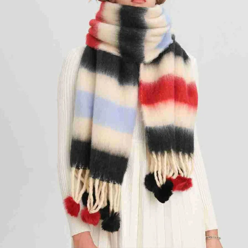 جديد الشتاء وشاح للنساء الملونة مخطط شعري الباشمينا الأوشحة يلتف الإناث سميكة لينة Bufanda شرابات كبيرة شال طويل #5