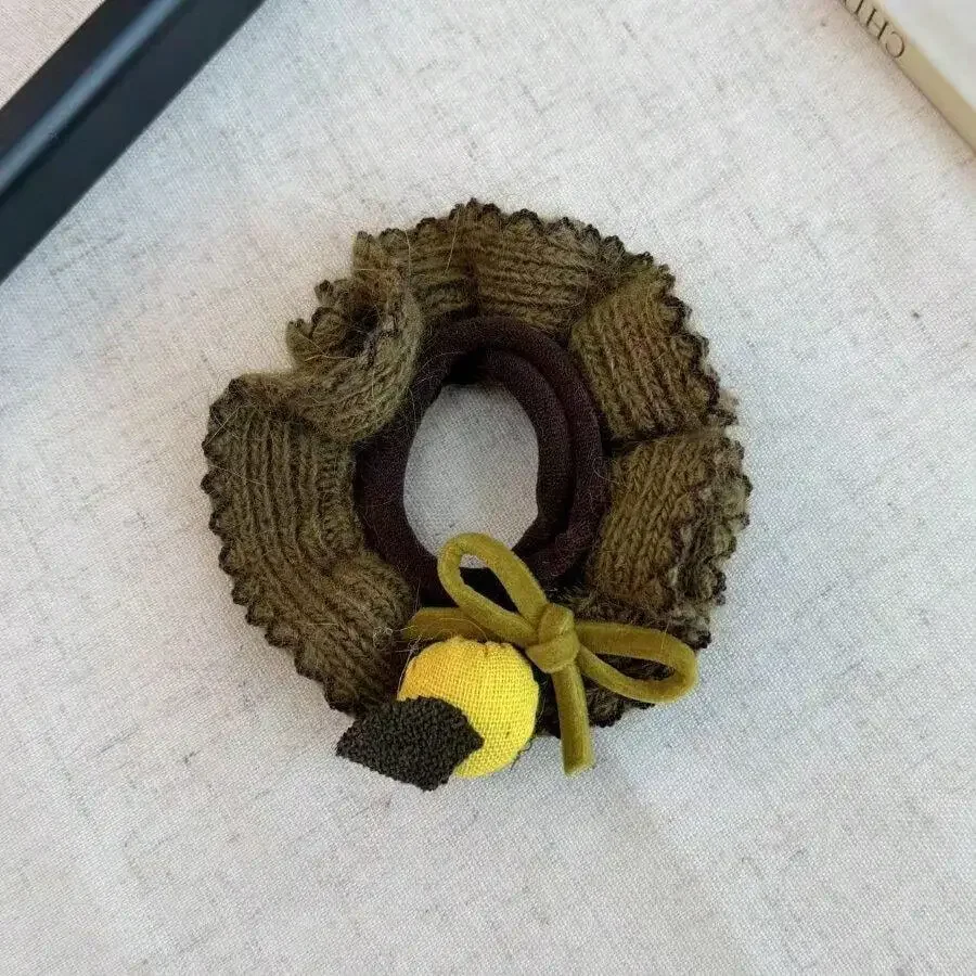 

Autumn Winter Wool Knitted Large Intestine Hair Ring For Women Elastic Hair Band With Bow Decor