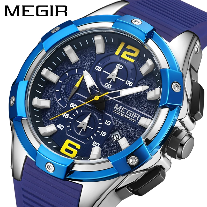 MEGIR Top Brand Men Silicone Sports Watches Fashion Army Male Luminous New Chronograph Quartz Wristwatch Date Relogio Masculino