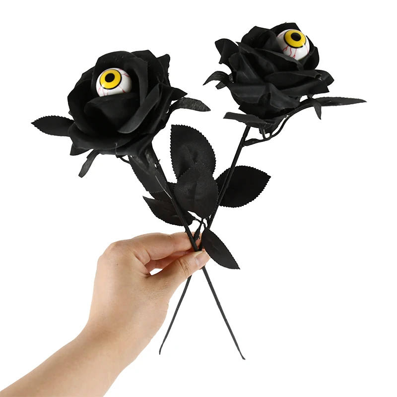 5P هالوين الورود السوداء زهرة اصطناعية مع مقلة عين واقعية طويلة الجذعية باقة الورد الأزهار هالوين ديكور المنزل الطرف