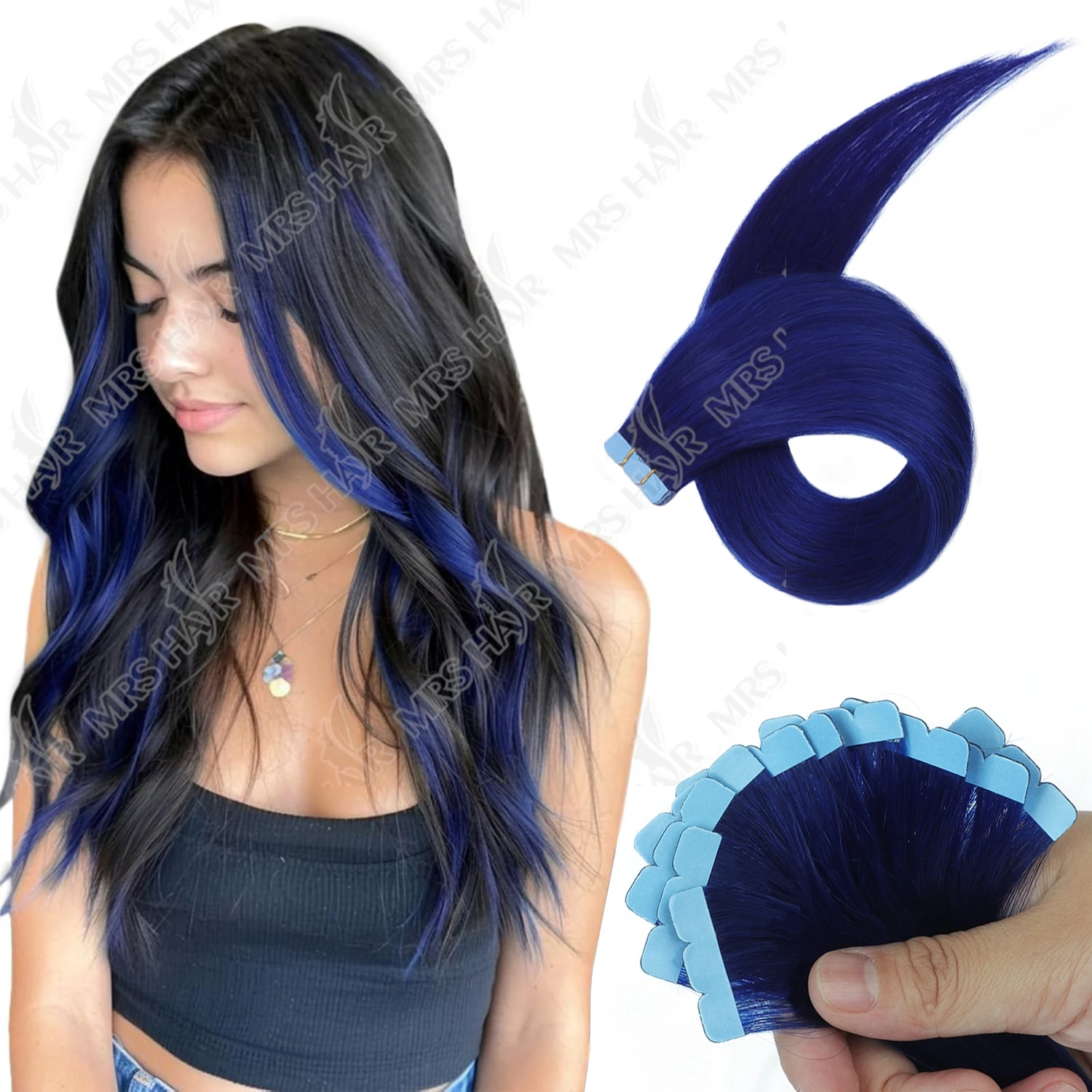 

Мини-лента для наращивания волос, машина для утка кожи, синяя прямая натуральная невидимая лента Remy для волос, 12-20 дюймов, 10 шт./упак.