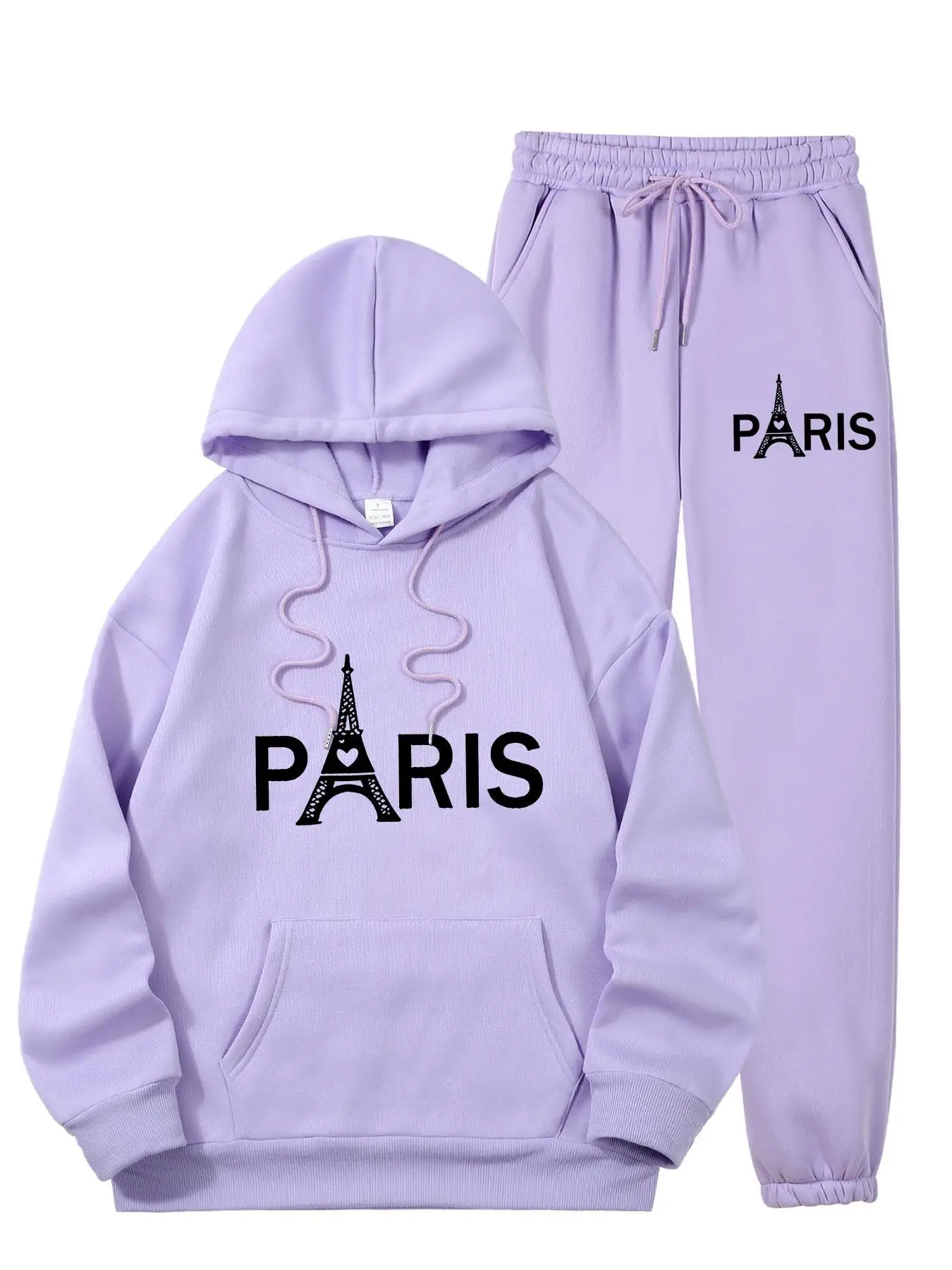 Ladies Paris Eiffel Tower Printed 2Pcs Tracksuit Casual Sport Outfit Fashion Hoodie With Kangaroo Pocket Sweatshirt Pants Set - view 3