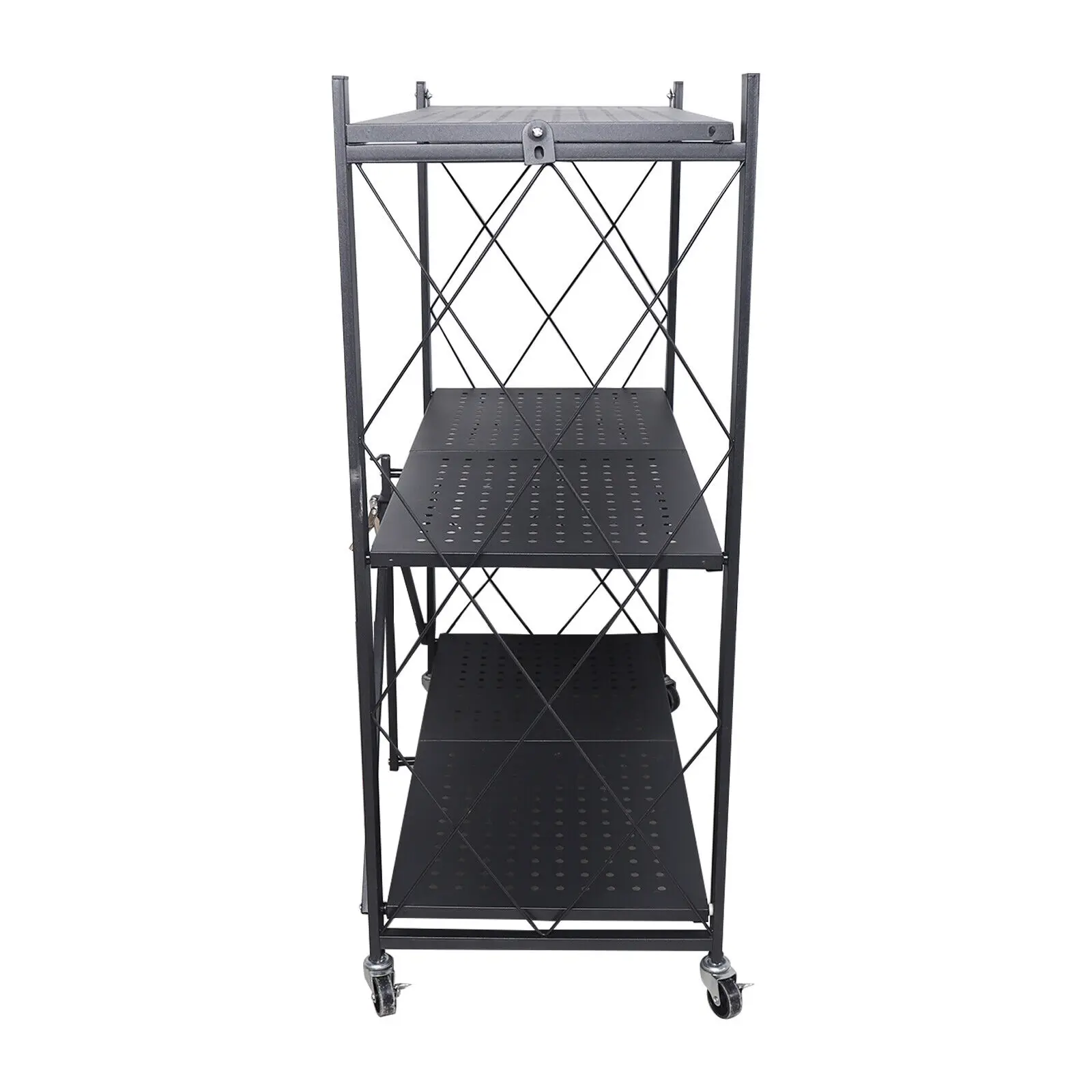 

Storage 3 Tier Wide Folding Metal Shelf ,Rolling Trolley Utility Cart Black