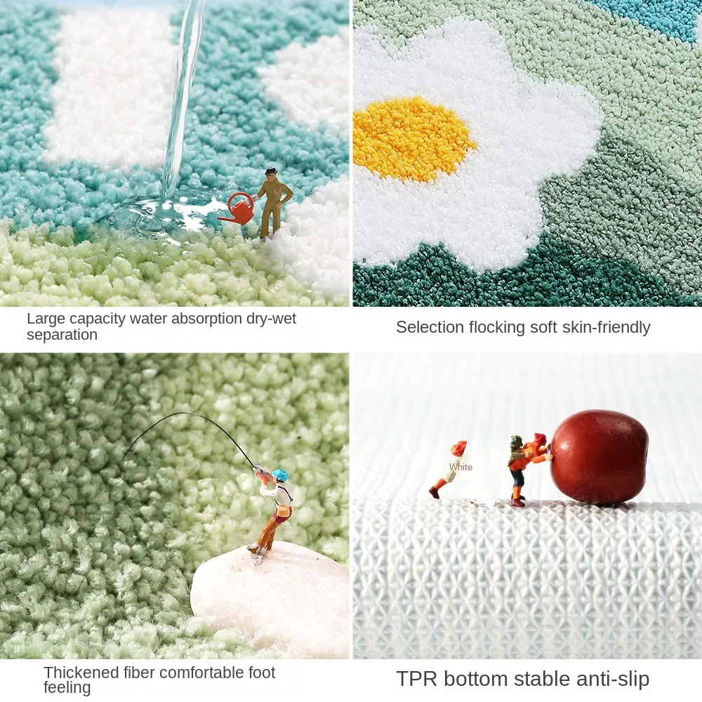 Hello Flower Bath Mat Set Thickened Flocked Bathroom Carpet Toilet Foot Mat Quickly Absorbs Water TPR Anti-slip Rug Floor Mats