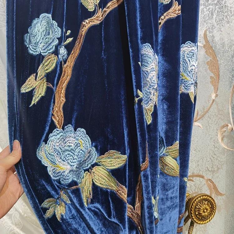 New Royal Blue Velvet Bird Embroidery Thick Shading Curtains For Living Room Bedroom Villa Flocking Embroidery Yarn Valance