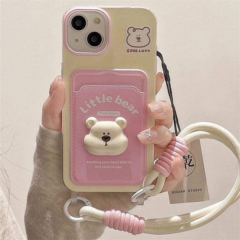 3D Little Bear Doll Pink Painted Card Bag Phone Case with Same Phone Hanging Strap Phone Case For iPhone 11 12 13 14 15 pro max