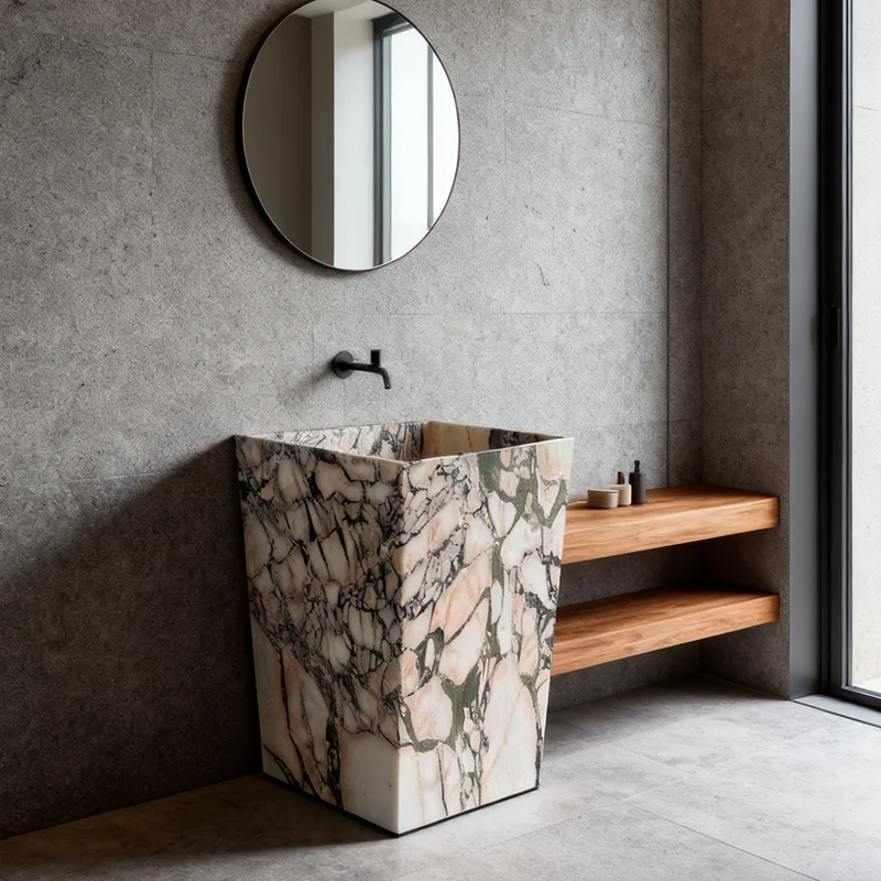 Modern Pedestal Bathroom Sink Marble Freestanding Wash Hand Basin One Piece Lavatory Wash Pool Recessed Hidden Drainer