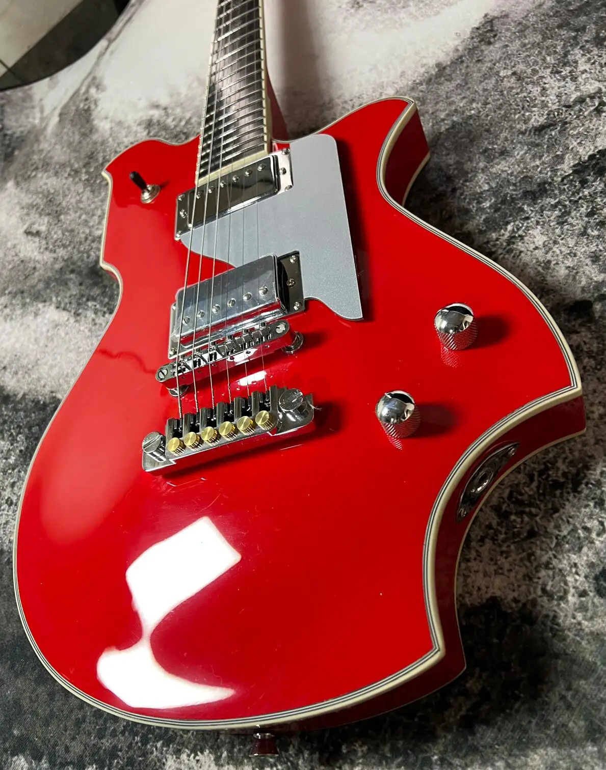 Asymmetric Solid Body Electric Guitar, Gloss Bright Red Finish, Multi-layer Cream Binding, Silver Pickguard