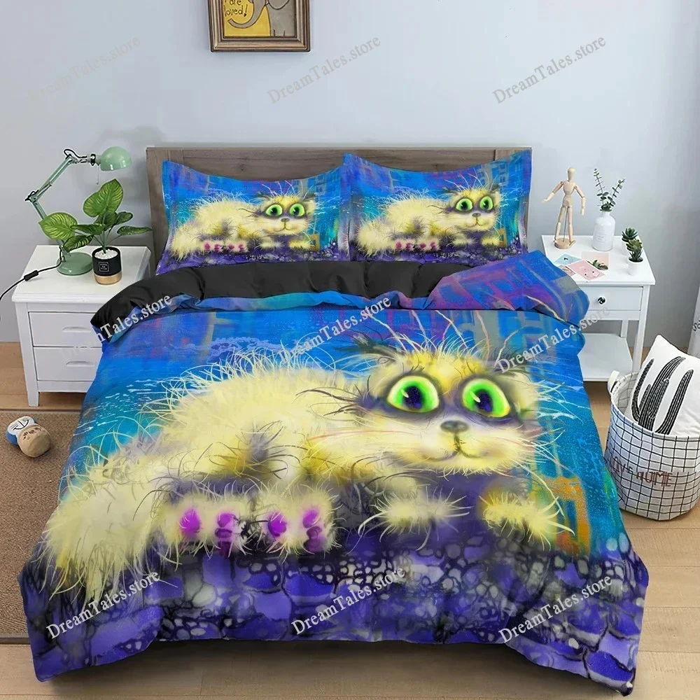 Bedding Set Watercolor Cartoon Cat Boys Girls Twin Queen Size Duvet Cover Pillowcase Bed Boys Adult Home Textileextile 3