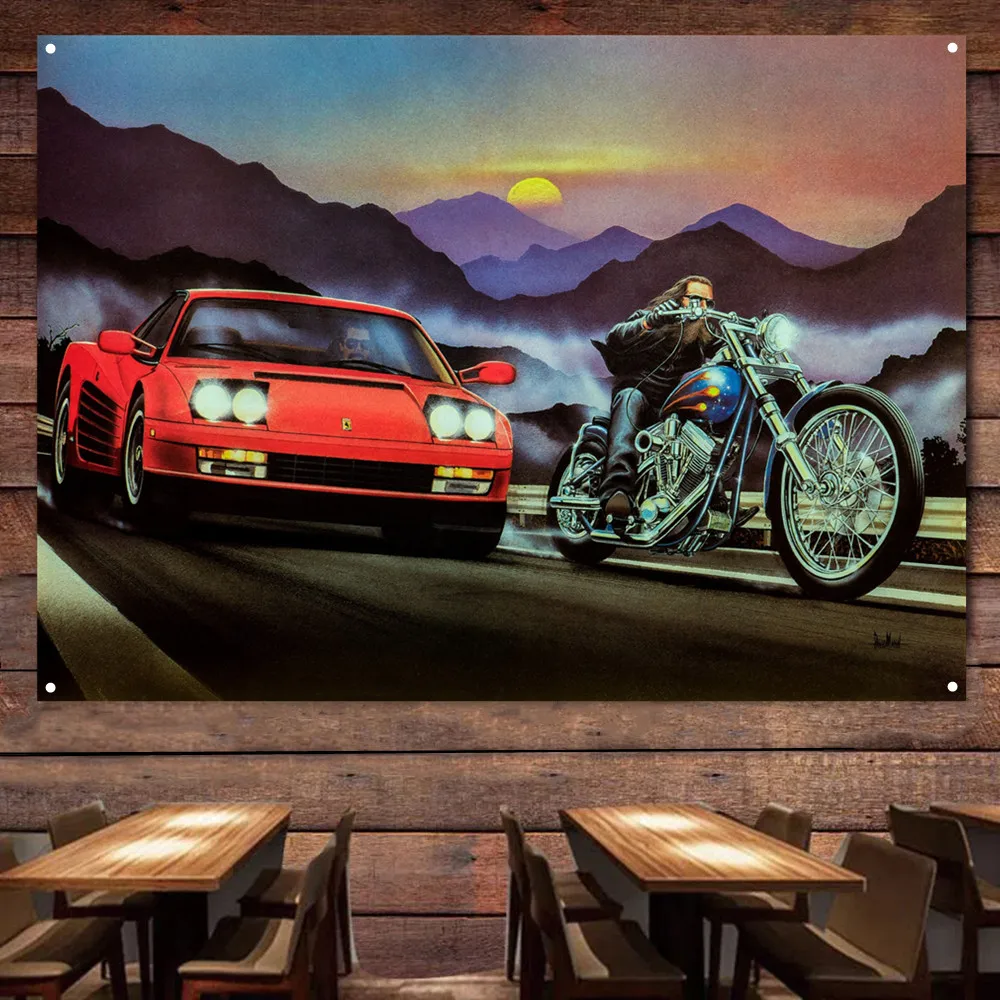 

Motorcycle VS Sports Car Flag Banner Live Ride Poster Decor Mural Bikers Art Wall Sign Vintage Car Man Cave Bar Club Pub Garage