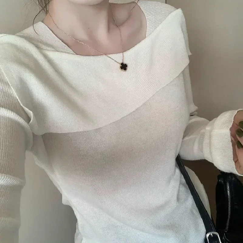 

Pullovers Women Basic Ins Turn-down Collar Korean Fashion Daily All-match Trendy Knitted Sweaters Inner Slim Fit Female Clothing