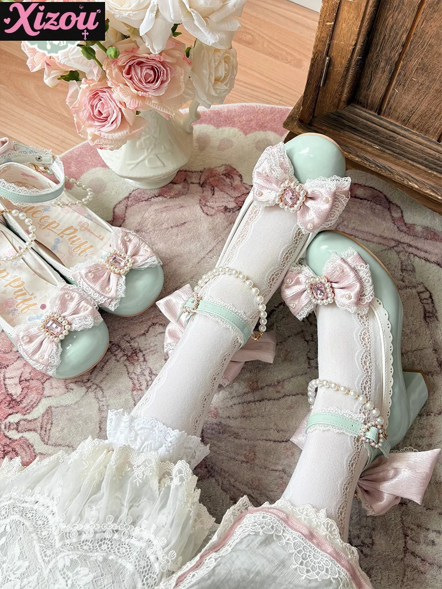 Kawaii giapponese dolce carino tacco alto scarpa singola morbida ragazza Lolita fiocco strass tacco basso medio perla Mary Jane scarpe da donna