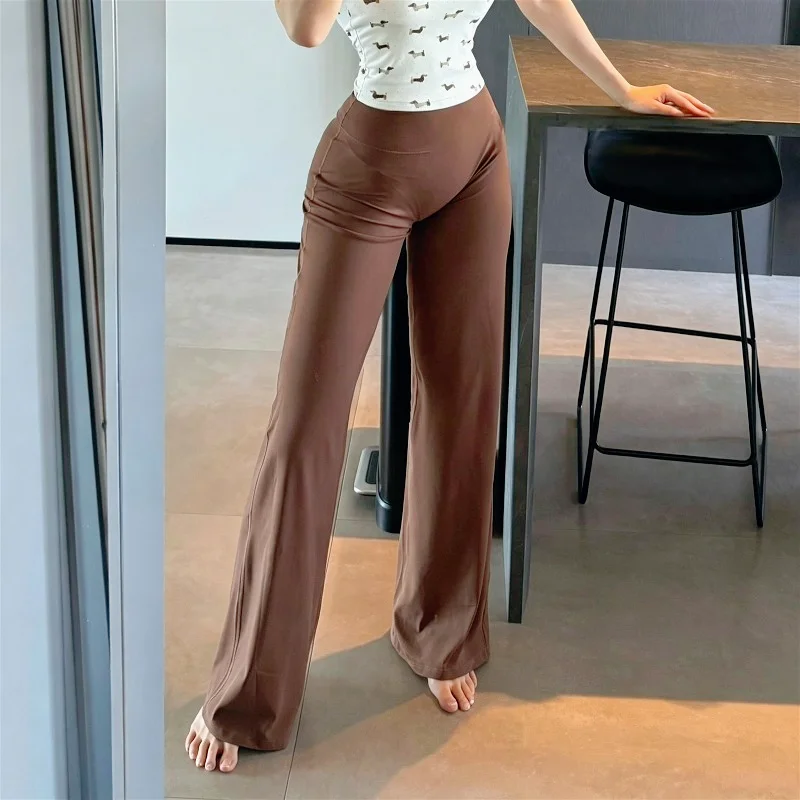 Invisible Zipper Crotch Pants Summer Thin High Waist Hip Lift Straight Nude Yoga Wide Leg Fitness Casual Trousers Women Pants