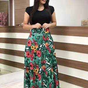 Kurzarmleid für Frauen, großer Rock mit Blumendruck, kombinierter Farbe, europäischer und amerikanischer Stil, 2024 6 Hauptverkäufe kurze Kleider gedruckt - №4